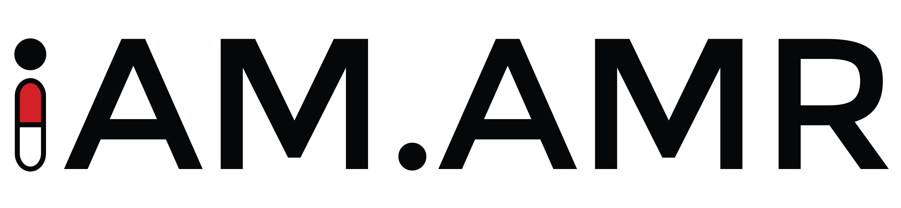 The iAM.AMR project logo. The logo consists of the text, 'iAM.AMR' in a black, blocky, sans-serif font, with the body of the lowercase 'i' styled as an elongated, red and white pill.